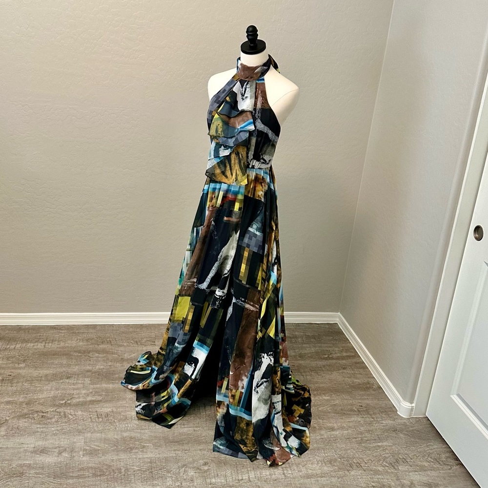 NEW JOVANI SZ 2 HALTER CHIFFON ABSTRACT PRINT HIGH SLIT FORMAL EVENING GOWN - Picture 3 of 16